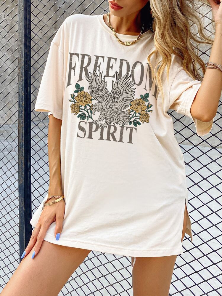 Drop Shoulder Slogan & Floral Print Oversized Tee | SHEIN