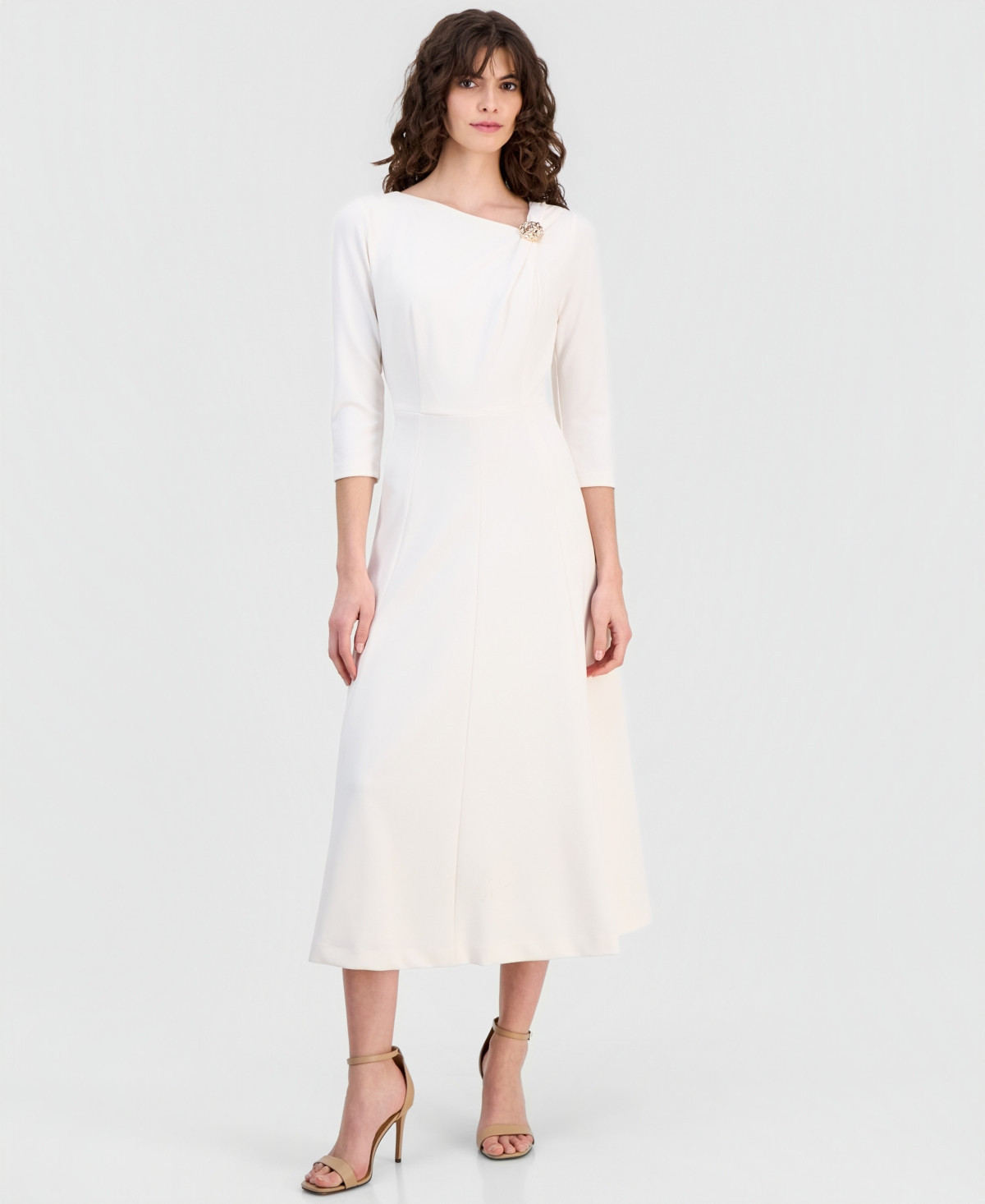 Anne Klein Women's Asymmetric-Neck 3/4-Sleeve Midi Dress - WHITE DOVE | Macy's