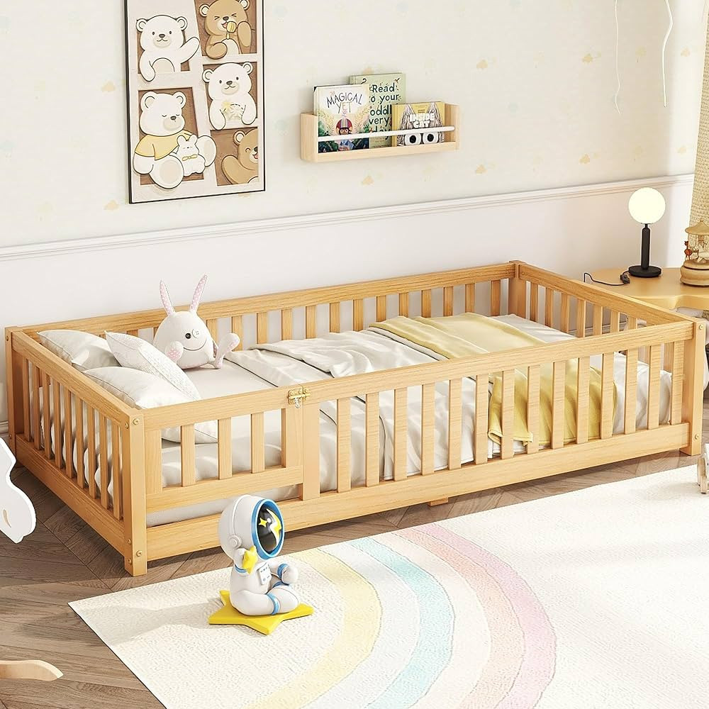 Twin Floor Bed with Slats and Door, Twin Size Montessori Floor Bed with Fence, No Box Spring Need... | Amazon (US)