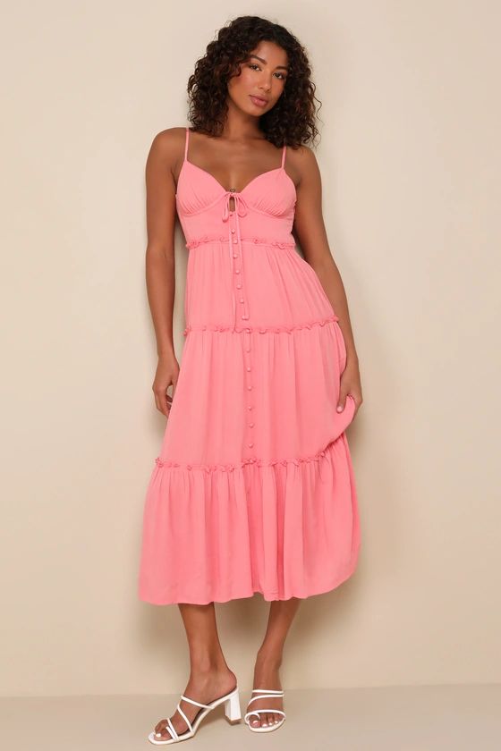Sweetest Perception Coral Pink Ruffled Button-Front Midi Dress | Lulus