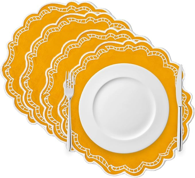 Cloth Placemats Set of 4 Cotton Linen Blend Washable Dining Table Mats Reversible Round Scalloped... | Amazon (US)