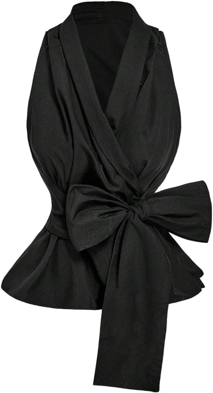 SOLY HUX Women's Tie Front Peplum Tank Top Wrap Collar V Neck Blouse | Amazon (US)