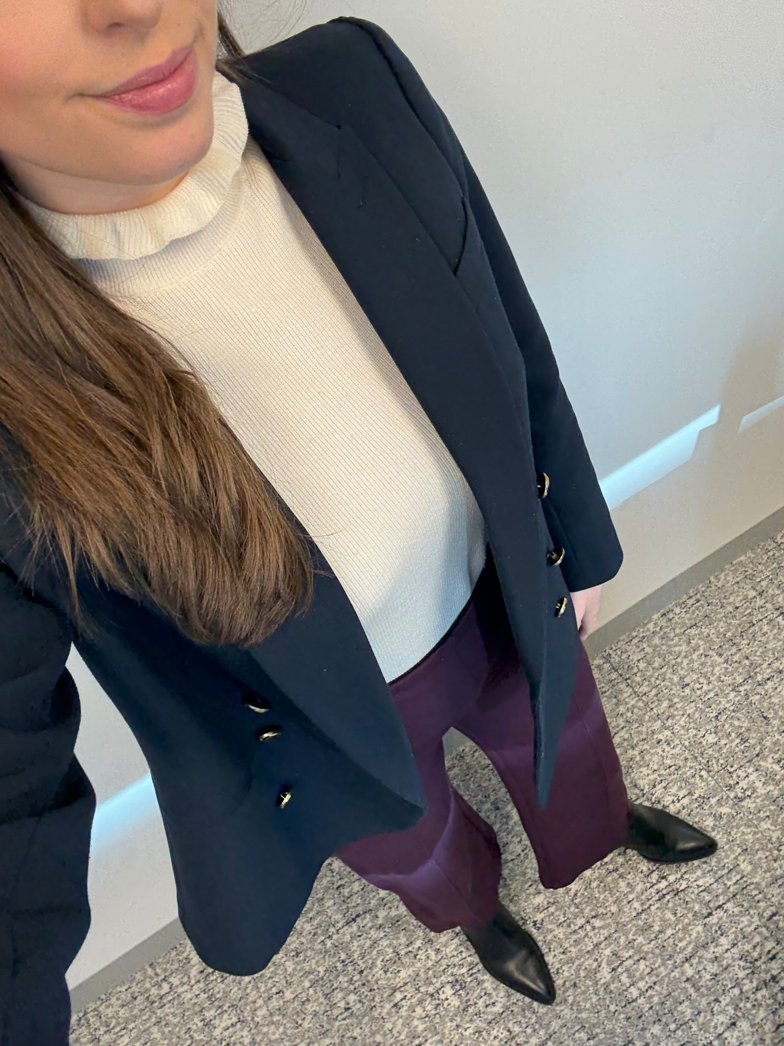 Office style, office outfit, workwear, winter workwear, lawyer, attorney, law firm style, business casual, winter workwear, winter office style, double breasted blazer, ruffle neck turtleneck, burgundy pants, black ankle boots, corporate style, corporate fashionn

#LTKTall #LTKgrwm #LTKWorkwear