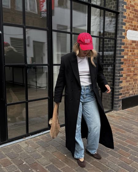 Friday outfit = mid rise jeans and a huge wool coat finished with a red cap
