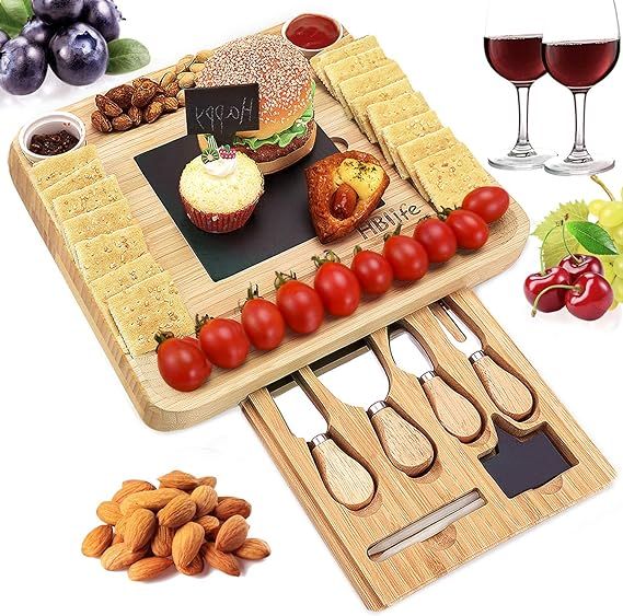 Natural Bamboo Cheese Board & Cutlery Set with Slide-Out Drawer and Knife,Charcuterie Platter & S... | Amazon (US)