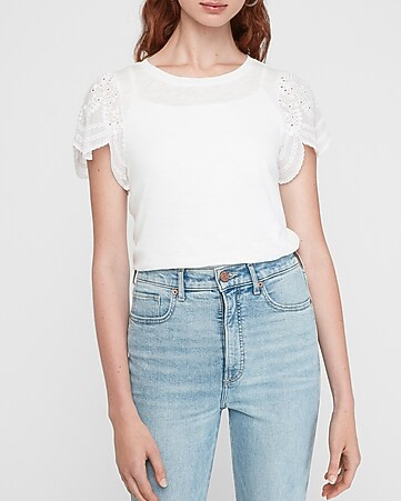 Eyelet Lace Sleeve Easy Tee | Express