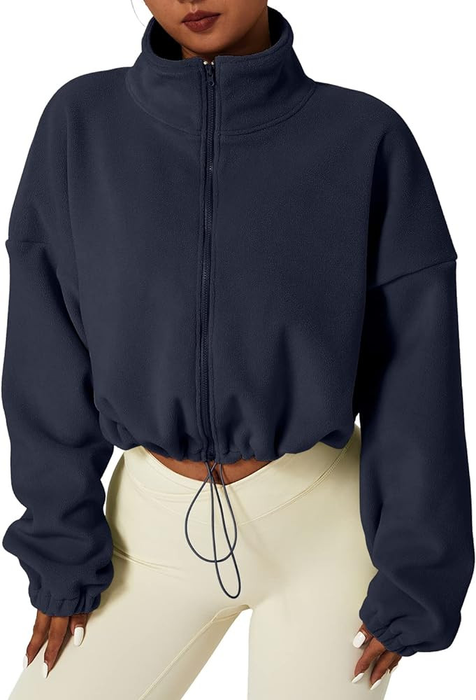 QINSEN Women's Full Zip Fleece Short Jacket Warm Winter Long Sleeve Stand Collar Sherpa Crop Coat | Amazon (US)