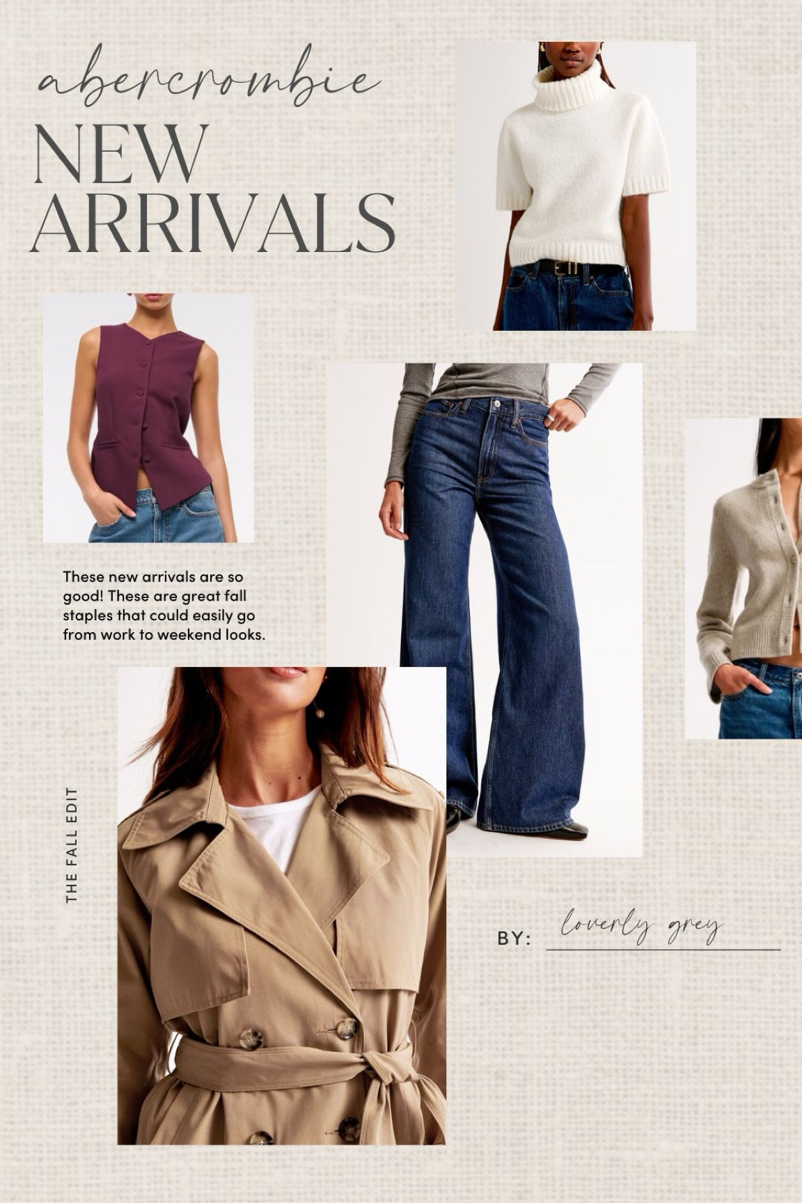Abercrombie new arrivals. Thus classic trench coat and wide leg jeans are perfect for fall. Loverly Grey, Abercrombie 

#LTKBeauty #LTKSeasonal #LTKStyleTip