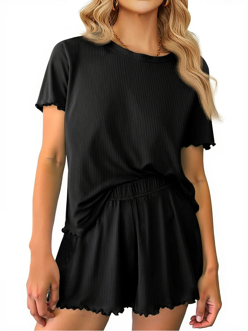 MOSHU Womens Pajamas Sets Ribbed Knits Tops and Elasticated Waist Shorts with Pocket Ruffle Edge ... | Walmart (US)