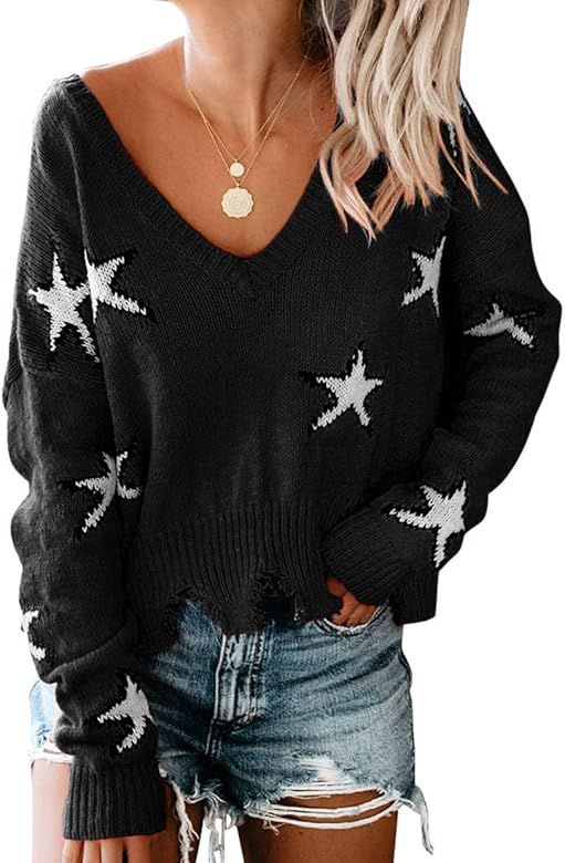 LEANI Women's Loose Knitted Sweater Long Sleeve V-Neck Ripped Pullover Sweaters Crop Top Knit Jum... | Amazon (US)