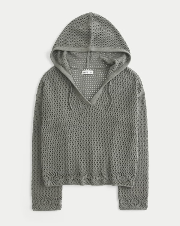 Beachy Crochet-Style Hooded V-Neck Sweater | Hollister (US)