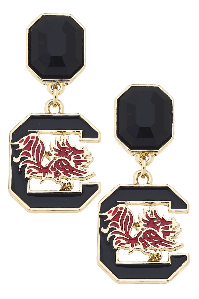 South Carolina Gamecocks Rhinestone Enamel Logo Earrings in Shiny Gold | CANVAS