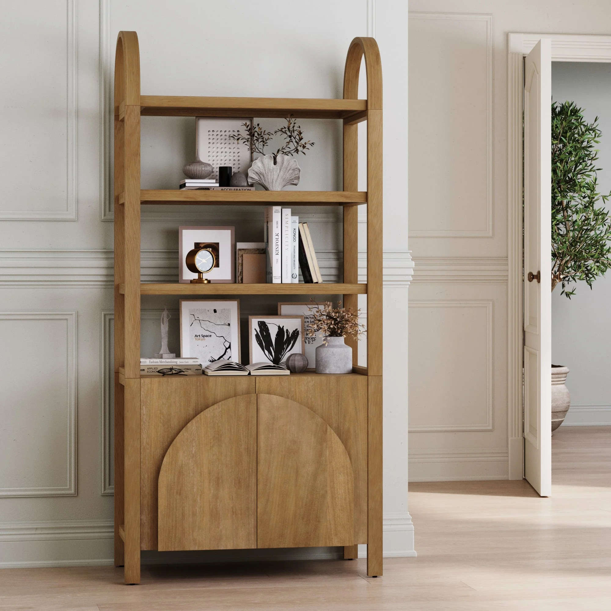 Nathan James Iris 3 Tier Bookshelf, Arched Bookcase Cabinet, Solid Wood Bookcase with Cabinet Bas... | Walmart (US)