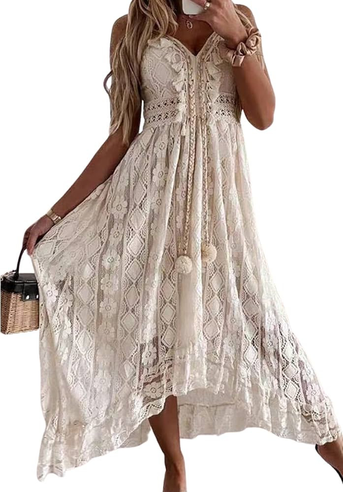 CUPSHE Women's Lace Dresses Boho Tassel V-Neck Flare Ruffle Adjustable Straps Beach Summer Maxi D... | Amazon (US)