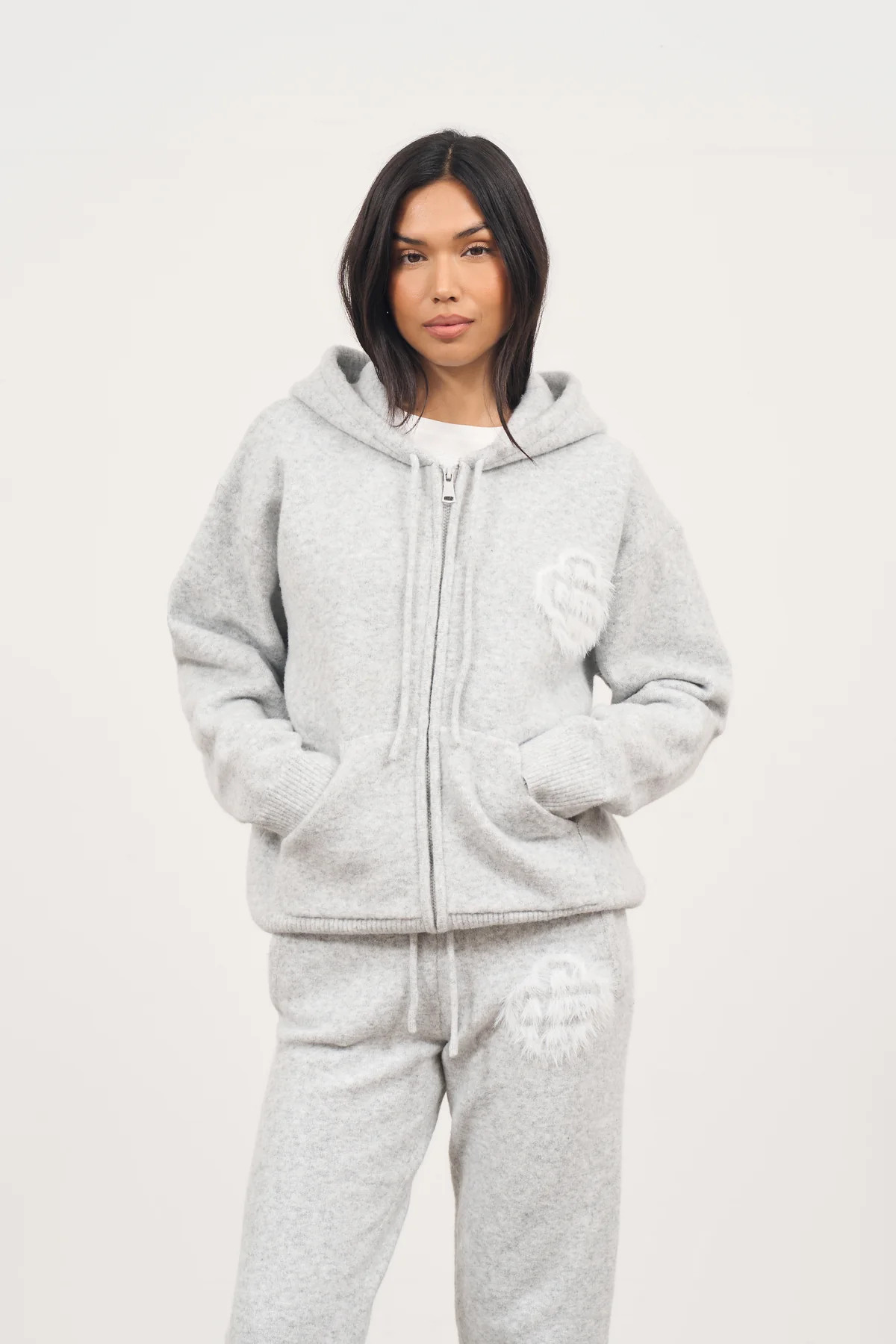 FLUFFY EMBLEM ZIP THROUGH KNITTED HOODIE - GREY MARL | The Couture Club