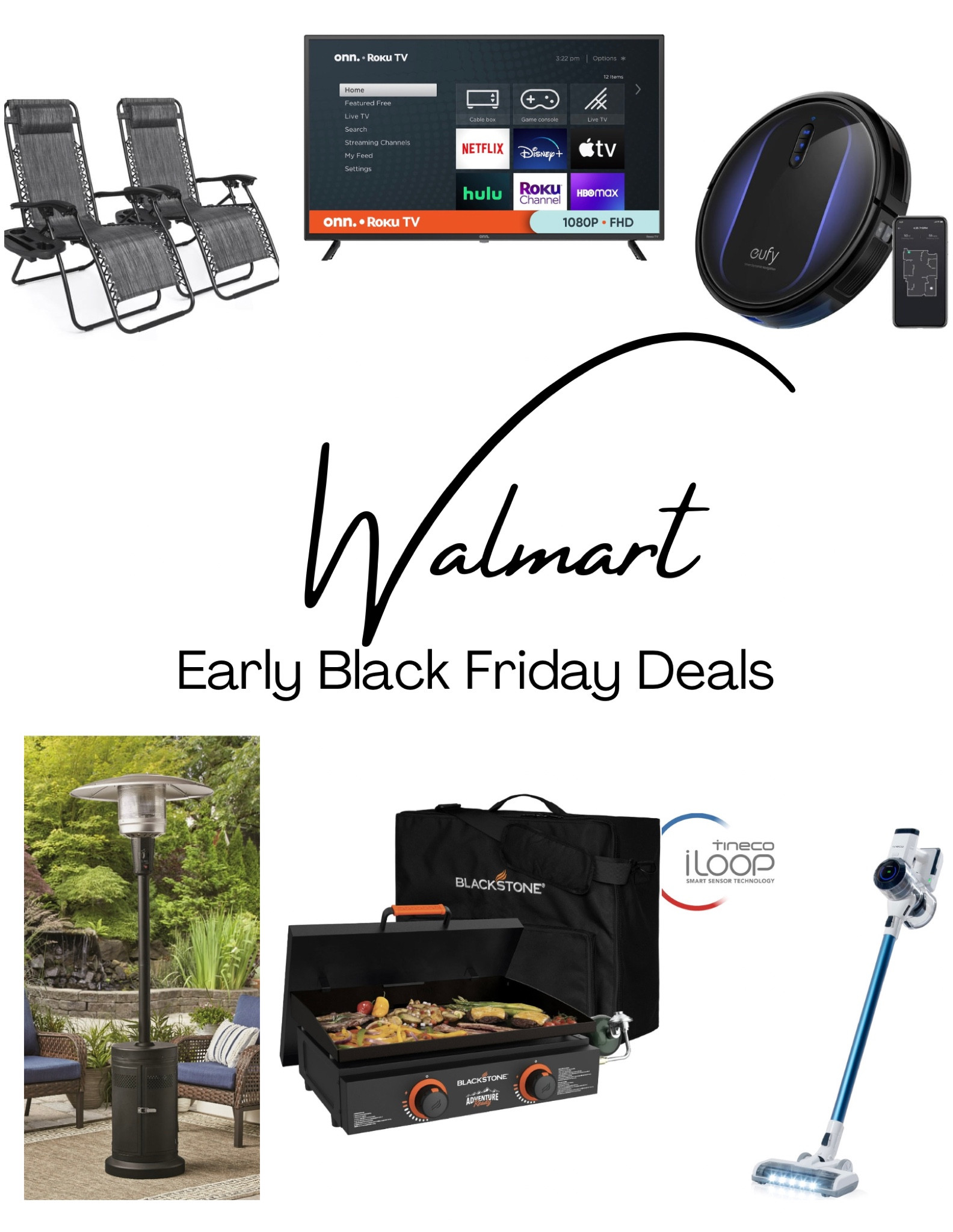These early Black Friday deals started today at Walmart! These are AMAZING deals that I would totally buy!! These sales include an outdoor heater, tabletop Blackstone griddle, Tineco mop, Robot Vacuum, 40” Smart TV, & a set of lounger chairs! 

#LTKhome #LTKsalealert #LTKHoliday