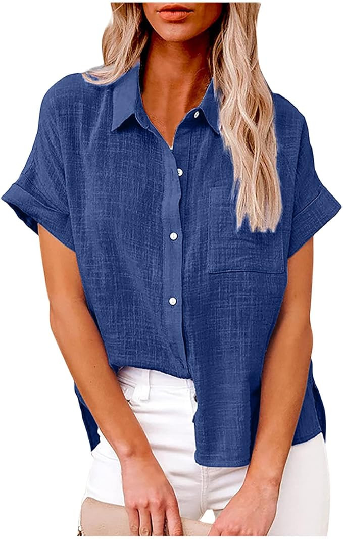 Womens Button Down Cotton Linen Shirts V Neck Roll Up Short Sleeve Blouses Loose Collared Shirt S... | Amazon (US)