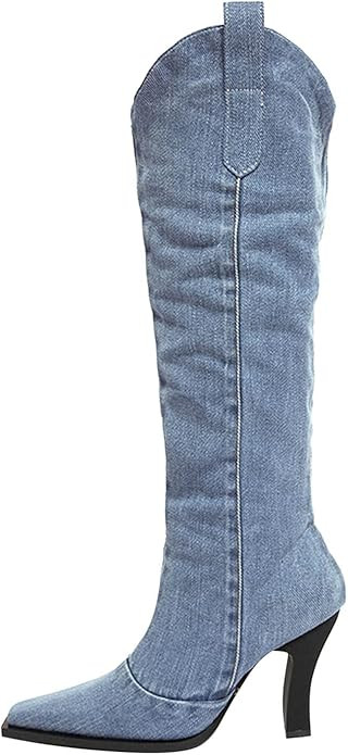 Bottes Femme Haute Large Bottes Top High High Denim Talon Épais Bout Pointu Bottes Minces Bottes... | Amazon (FR)