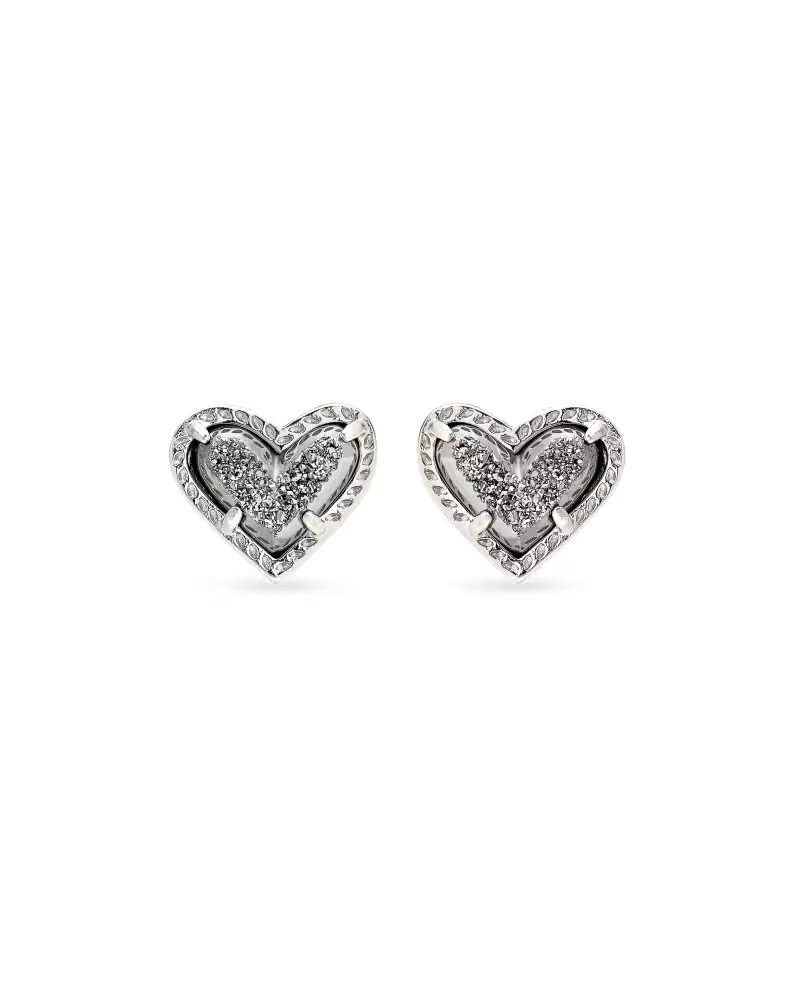 Ari Heart Silver Stud Earrings in Platinum Drusy | Kendra Scott