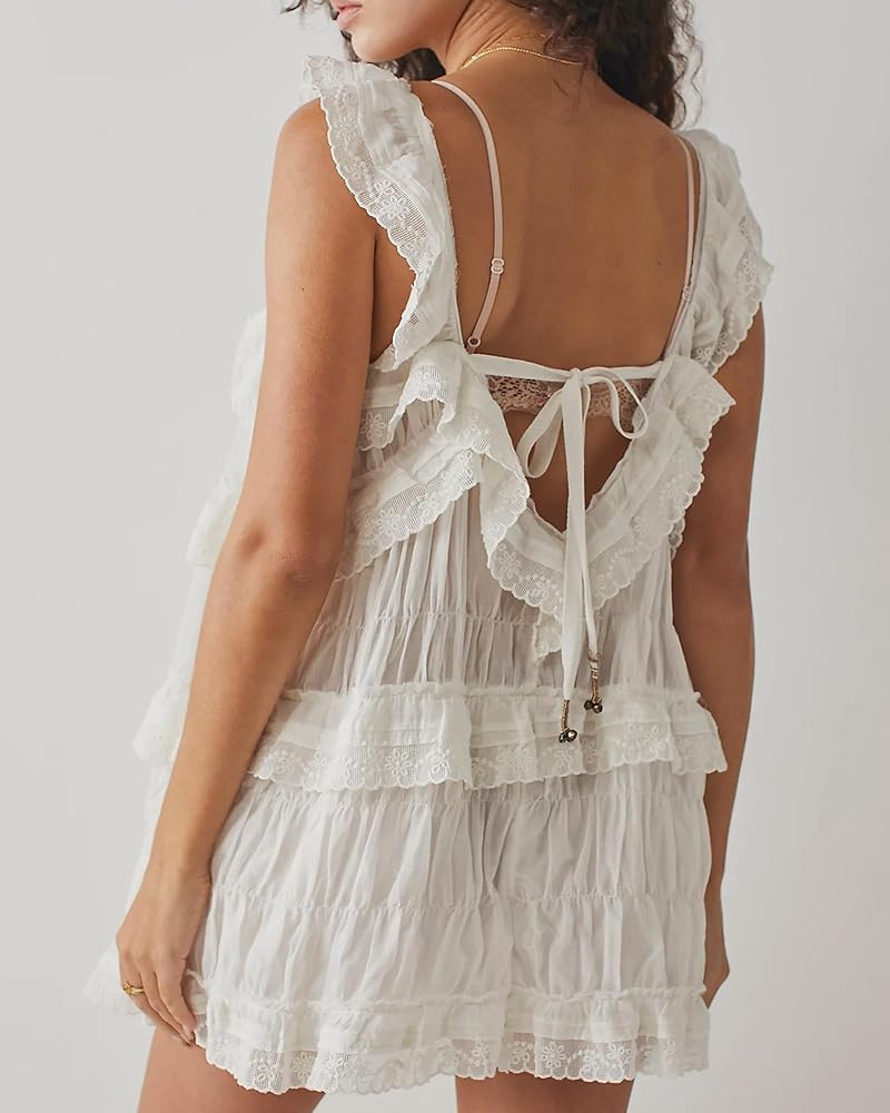 Gacaky Women's Summer Casual Sleeveless Rompers Ruffle Flowy Boho Sun Dress Loose Mini Dress with... | Amazon (US)