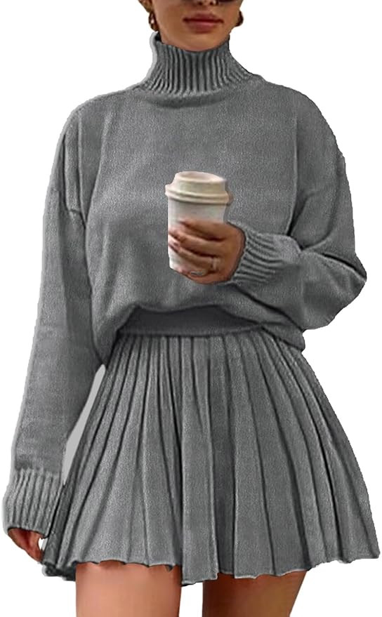 Women's 2 Piece Outfits Turtleneck Long Sleeve Oversized Pullover Sweaters and Pleated Mini Skirt... | Amazon (US)