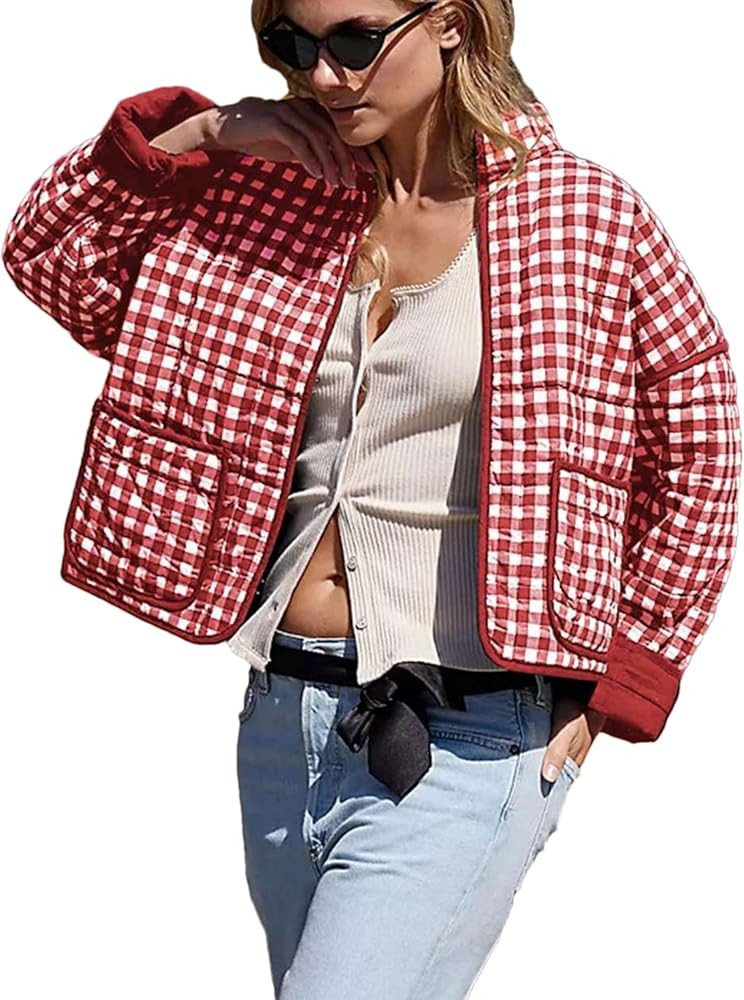 Bozanly Women's Cropped Puffer Quilted Jacket Plaid Printed Lightweight Long Sleeve Zipper Padded... | Amazon (US)