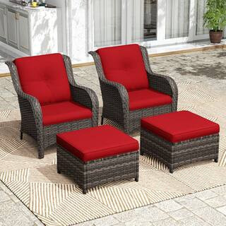 4-Piece Wicker Outdoor Patio Conversation Lounge Chair Set with Red Cushions and Ottomans | The Home Depot