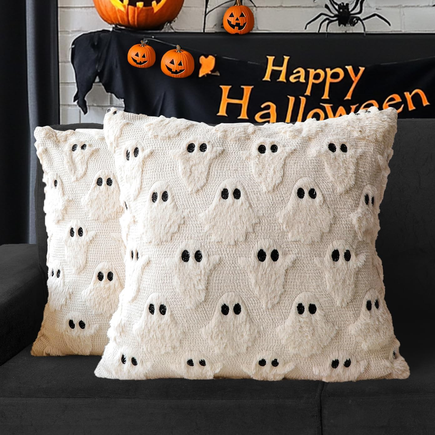 Halloween Ghost Decorative Pillow Covers 18x18 Set of 2, Beige Soft Plush Faux Fur Farmhouse Thro... | Amazon (US)