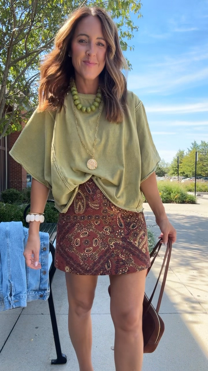 Outfit of the day. 
Jacquard skirt size 2. LOVE. And can be styled casual or dressy. 
Has a matching jacket (I have XS)
XS tee in willow 
Suede flip flops tts

#LTKmomlife #LTKSeasonal #LTKOver40