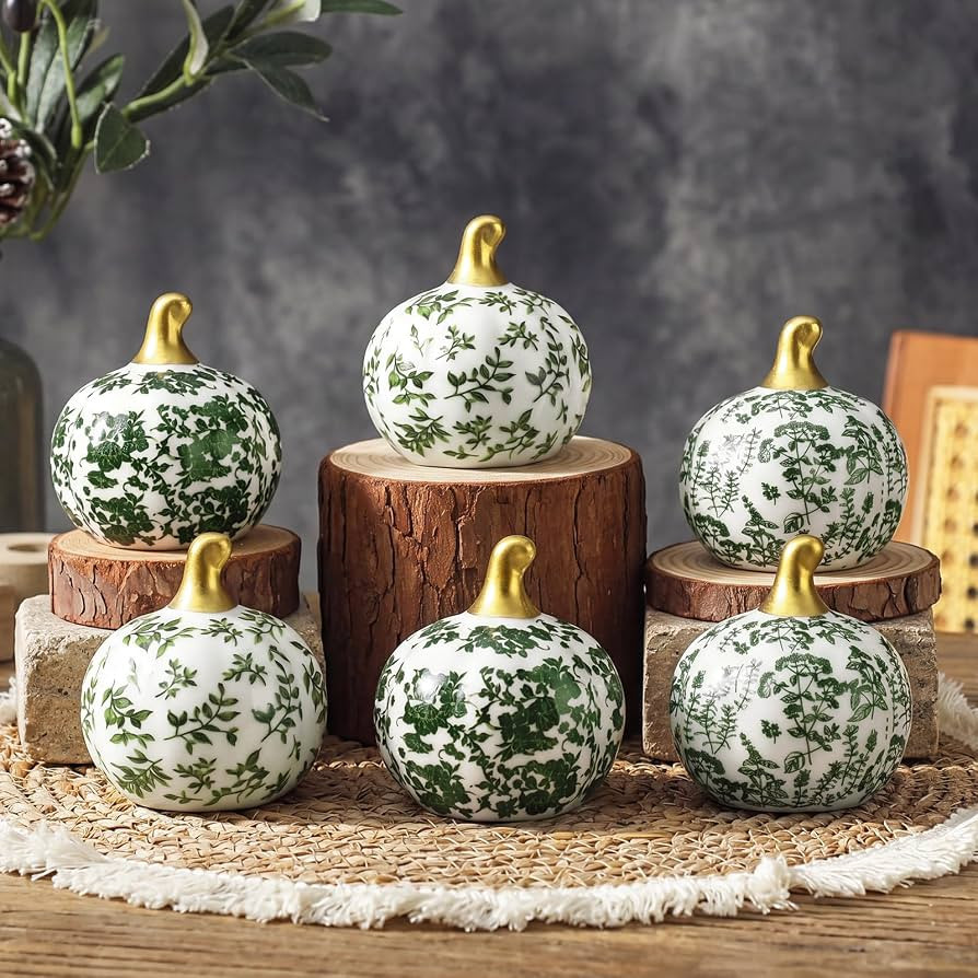 DoubleFill 6 Pcs Green Ceramic Pumpkins Fall Farmhouse Table Decor | Amazon (US)