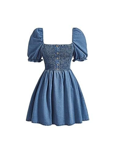 Floerns Women's Square Neck Puff Short Sleeve Button Front Denim A Line Dress | Amazon (US)
