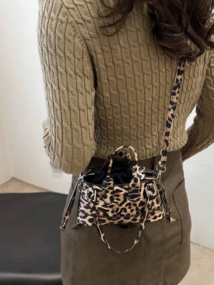 Vintage Litchi Embossed Crossbody Bag, Retro PU Leather Shoulder Bag, Women's All-Match Handbag & Purse, Leopard Print Purse For Women Leopard Comeback | SHEIN