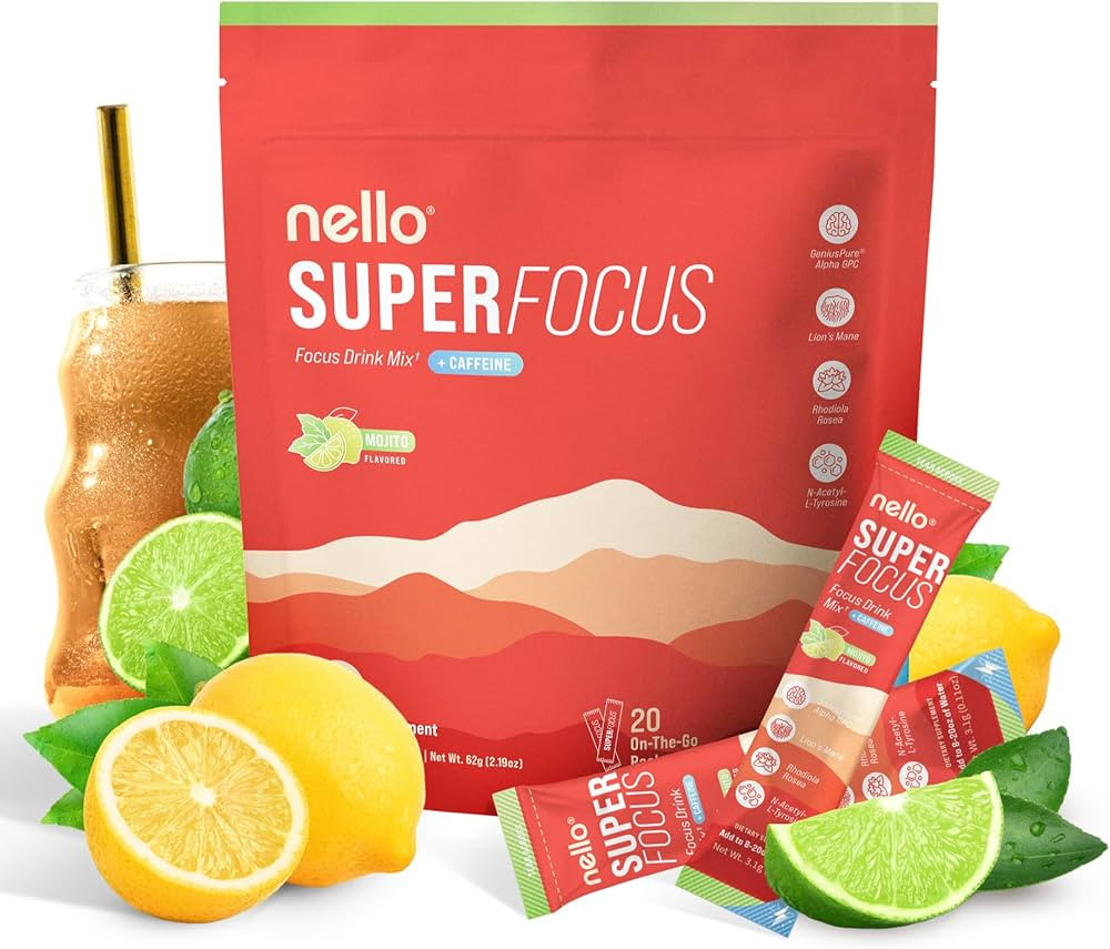 Nello Superfocus Mojito with Caffeine– Nootropic Focus Drink Mix, 20 On-The-Go Packets, Alpha G... | Amazon (US)