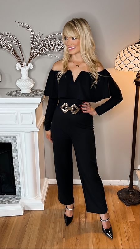 I love this off the shoulder black jumpsuit for a winter wedding or holiday party! I love it styled with a belt! - jumpsuits - holiday outfit - Christmas outfit - holiday party - Amazon Fashion - Amazon Finds 

#LTKunder50 #LTKHoliday #LTKSeasonal