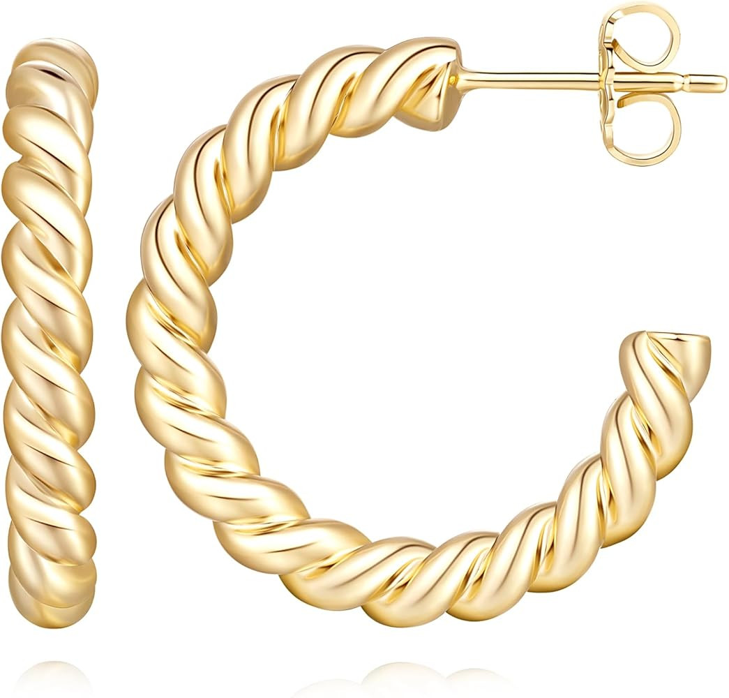 NEARLAND 14K Gold Hoop Earrings for Women Small Chunky Gold Hoop Earrings Twisted Rope Round Gold... | Amazon (US)