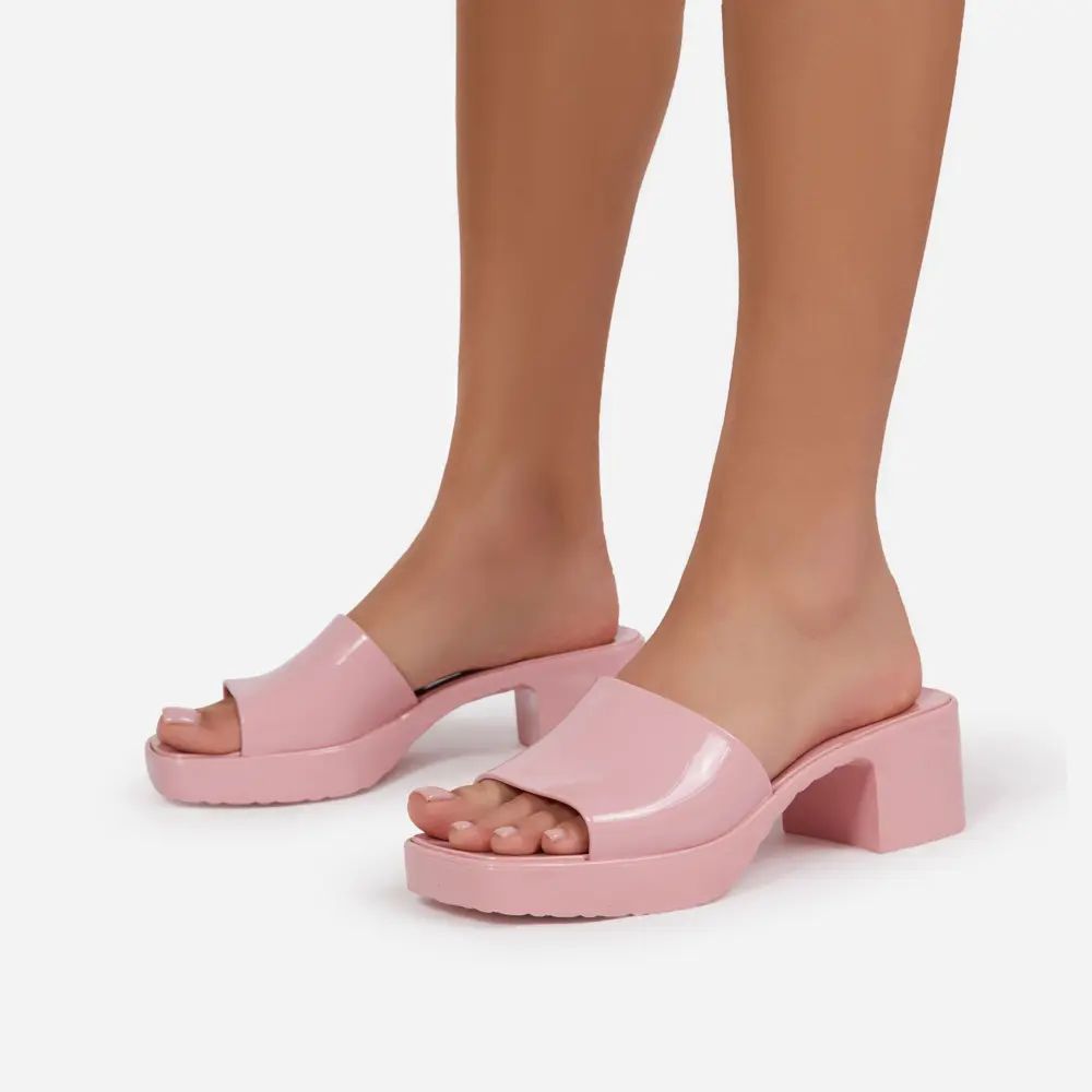 Rhea Square Peep Toe Platform Block Heel Mule In Pink Rubber | EGO Shoes (US & Canada)