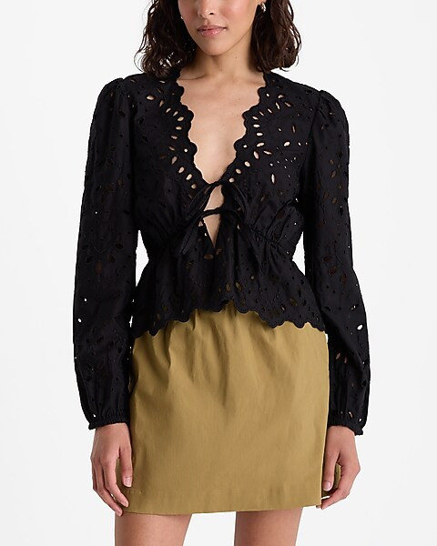 Eyelet V-Neck Double Tie Front Top | Express