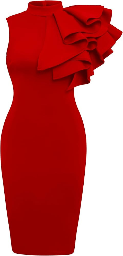 Memoriesea Women's Ruffle Sleeveless Bodycon Knee Length Party Pencil Midi Dress | Amazon (US)