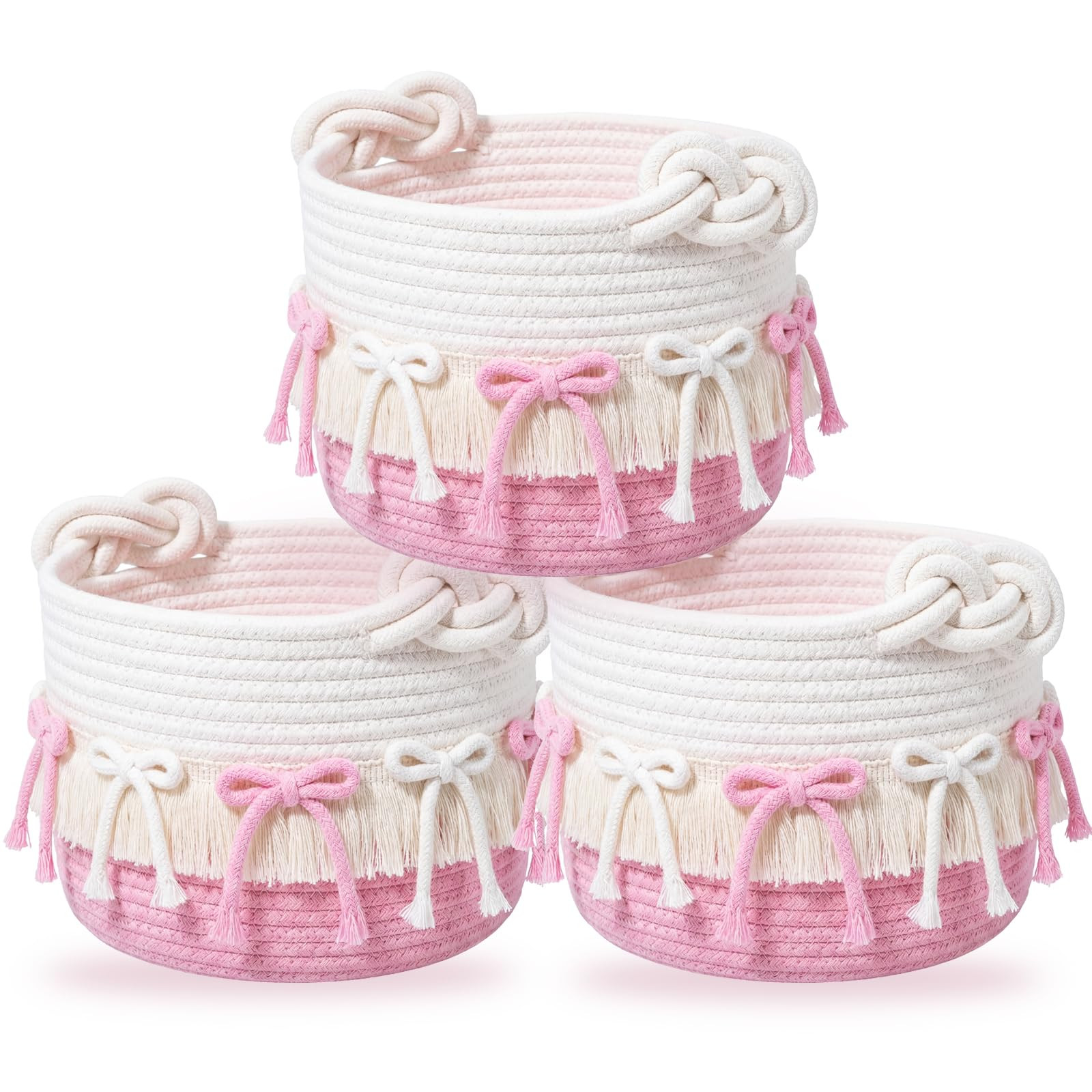Novabright 3 Pcs Pink Bow Baskets Gifts Coquette Bow Cotton Rope Storage Baskets Round Shelf Orga... | Amazon (US)
