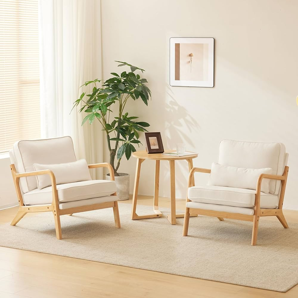 VINGLI Cozy Living Room Chairs, Coarse Linen Beige Accent Chairs Set of 2, Wood Lounge Chairs for... | Amazon (US)