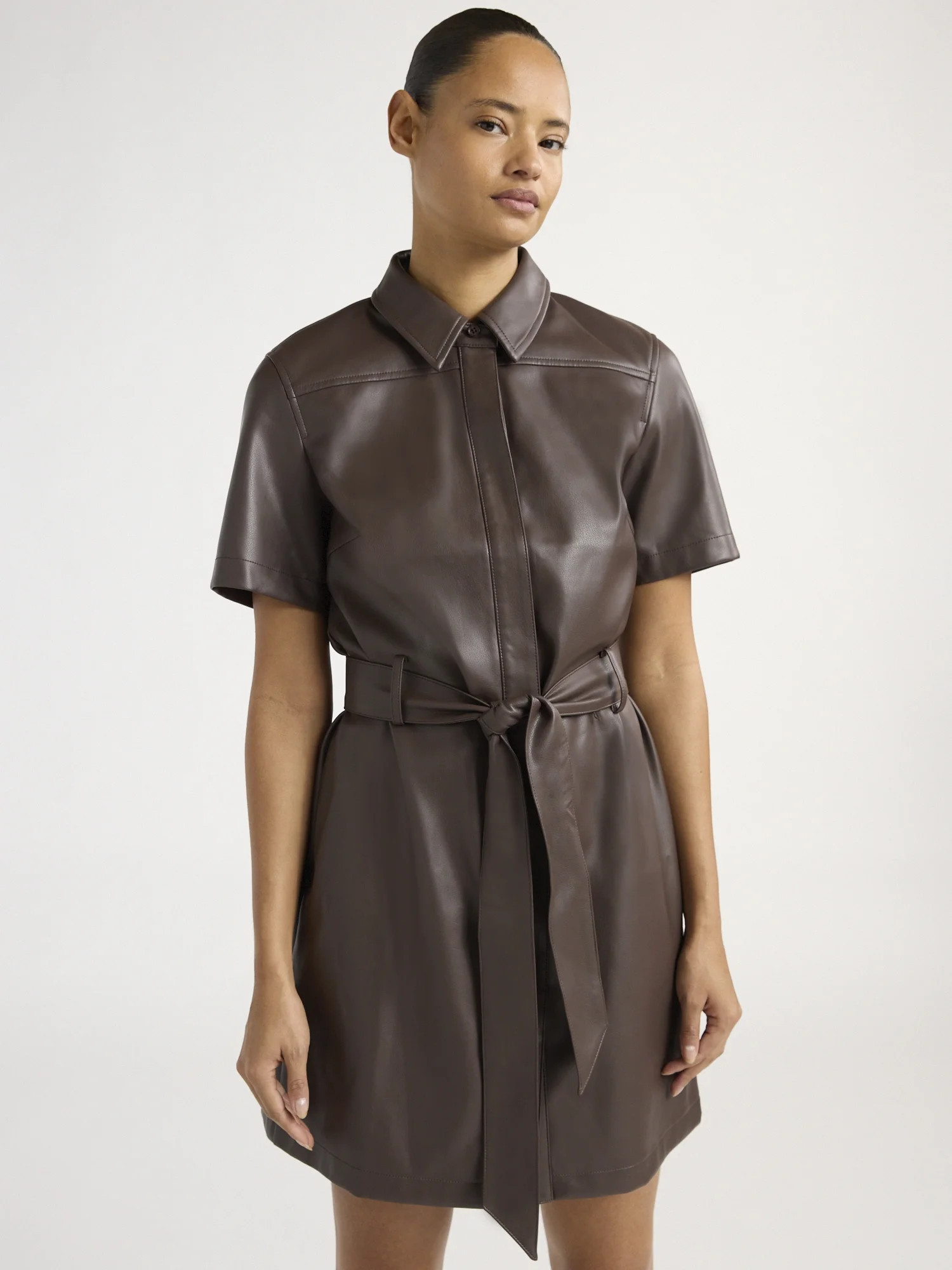 Scoop Women's and Women's Plus Faux Leather Collared Mini Shirt Dress with Short Sleeves, Sizes X... | Walmart (US)