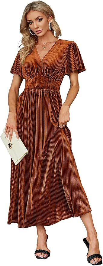 Simplee Women’s V Neck Velvet Maxi Dress Short Sleeve Empire Waist Long Formal Dress for Weddin... | Amazon (US)