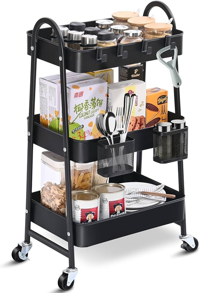 KINGRACK 3-Tier Rolling Cart, Mobile Utility Cart with Handle and Lockable Wheels, Storage Shelve... | Amazon (US)