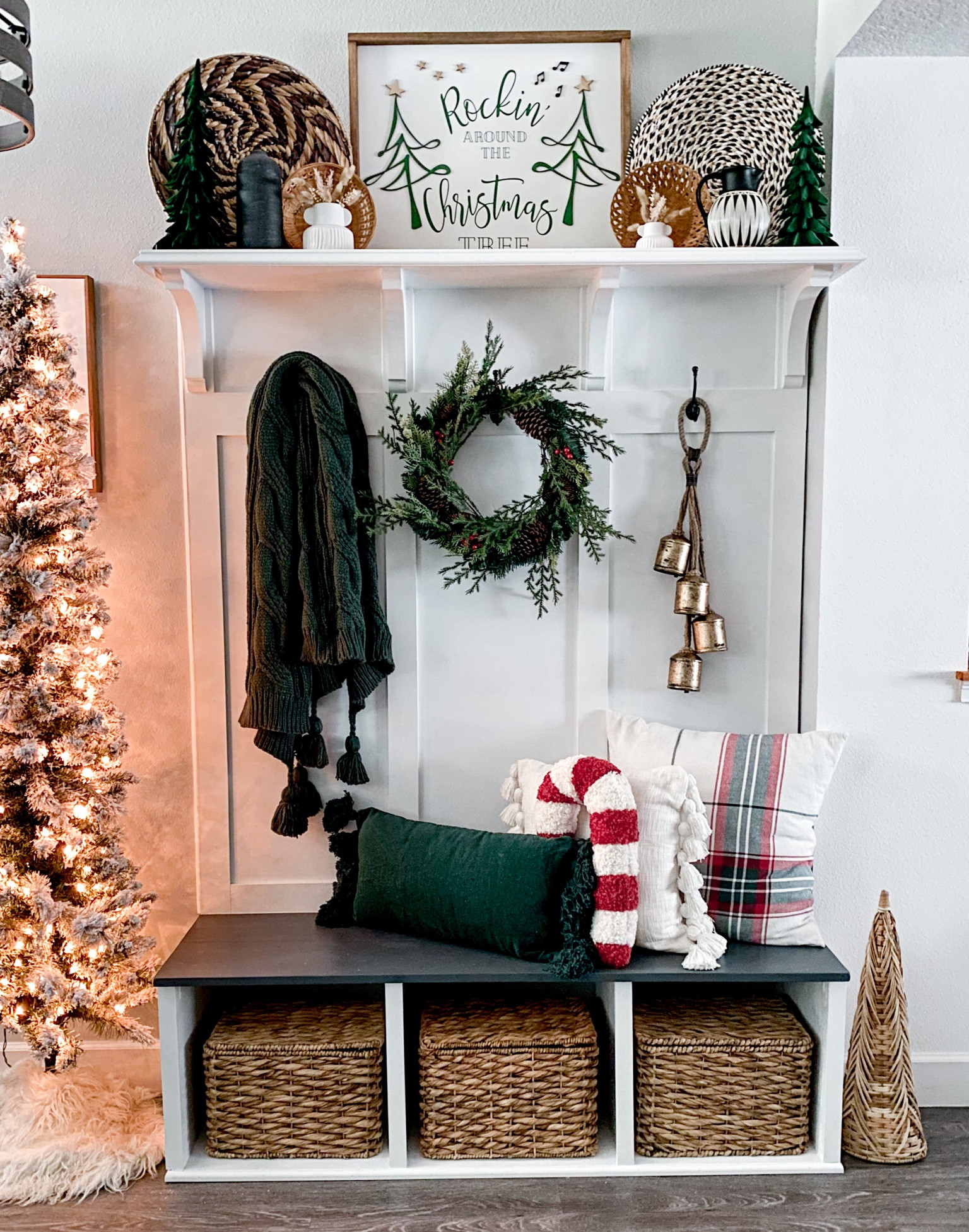 Christmas holiday Mudroom decor, Christmas pillows, Christmas slim pencil flocked tree, Christmas wreath and Christmas gold bells 

#christmasdecor #holidaydecor #walmartchristmas #targetchristmas #christmastree #mudroom #christmaspillows 

#LTKhome #LTKHoliday #LTKstyletip