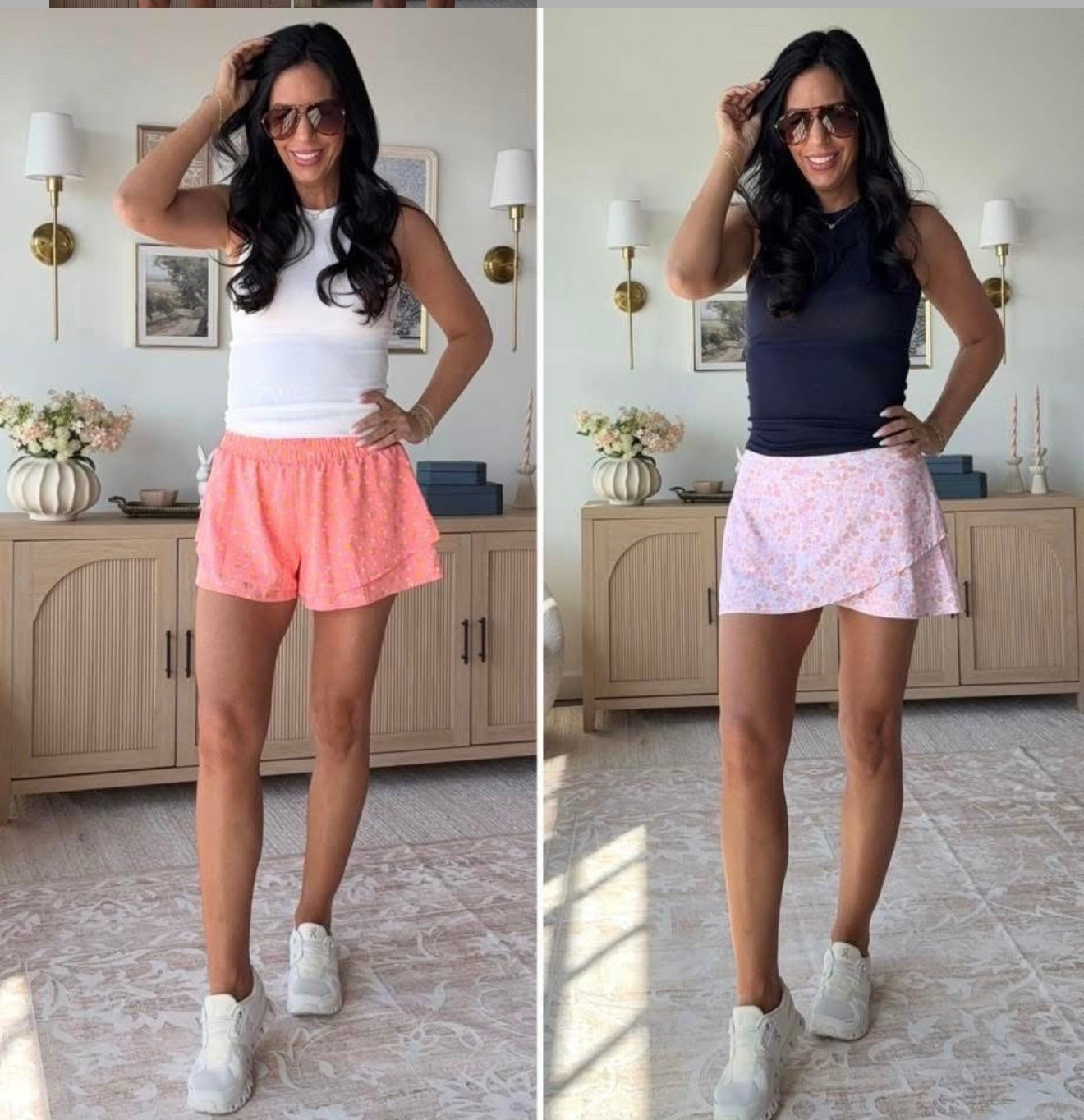 This might be my favorite try-on yet! 🤩 I stepped out of my comfort zone with these patterns, and I’m obsessed!

These double-woven shorts have built-in biker shorts, a lightweight flowy feel (almost like a skirt!), and come in solids too. The skort feels just like Lululemon Align—so soft and comfy!
Skort and skirt-  small 
Tanks - small 
ON Cloud - size 9 
#LTKSpringSale #ltkfitness 

#LTKActive #LTKU #LTKShoeCrush #LTKFindsUnder50 #LTKOver40 #LTKWatchNow #LTKSeasonal