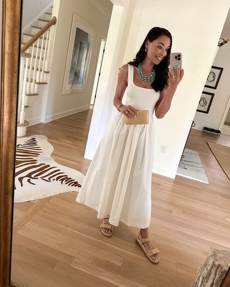 Kat Jamieson wears a turquoise necklace from Jennifer Behr x Julia Berolzheimer collection with a white midi dress and raffia sandals. Turquoise jewelry, summer sandals, spring outfit, summer outfit. 

#LTKSeasonal #LTKParties #LTKShoeCrush