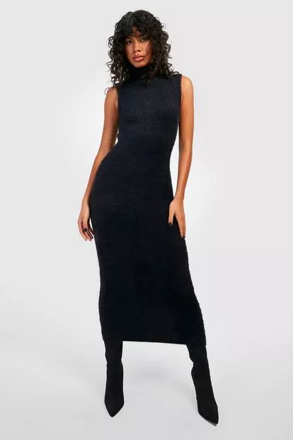 Turtleneck Fluffy Knit Midaxi Dress | Boohoo.com (US & CA)