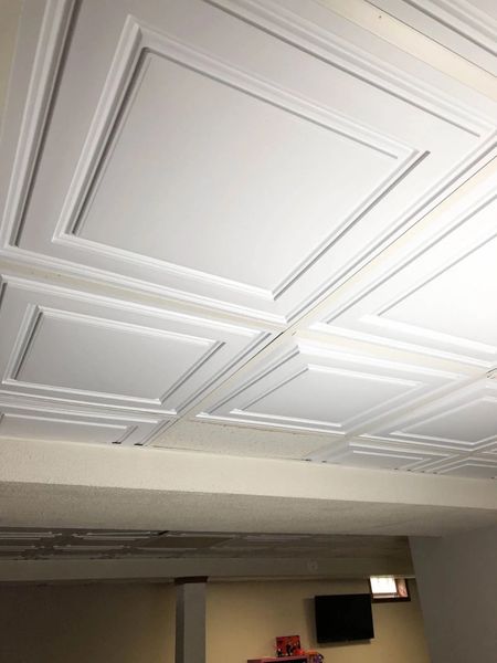 Modern vinyl drop ceiling tiles. Update your basement ceiling easily. #dropceiling #basementceiling 

#LTKhome