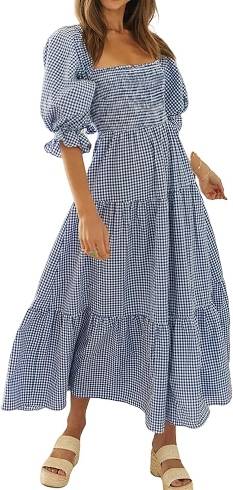 R.Vivimos Women's Summer Cotton Plaid Puff Sleeves Bow Casual Off-Shoulder Boho Midi Dress | Amazon (US)