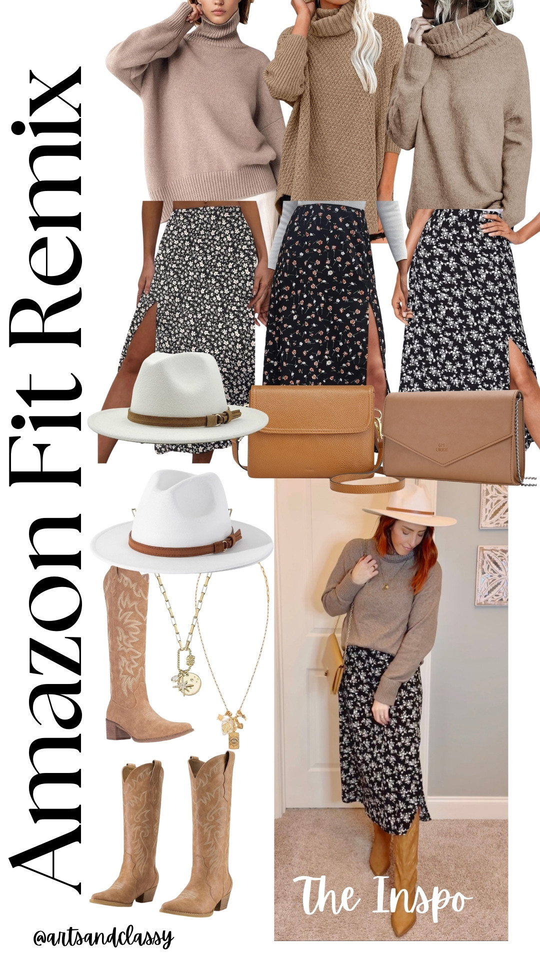 A floral split thigh high waist Summer Boho A-Line Midi Skirt Black and a neutral cozy turtleneck sweater paired with a cute pair of cowboy boots and a wide-brim fedora... A statement boho winter outfit idea!


#midiskirt #bohooutfit #westernboots #turtlenecksweater #oversizedsweater #fedora 

 #LTKMidsize #LTKStyleTip #LTKShoeCrush
